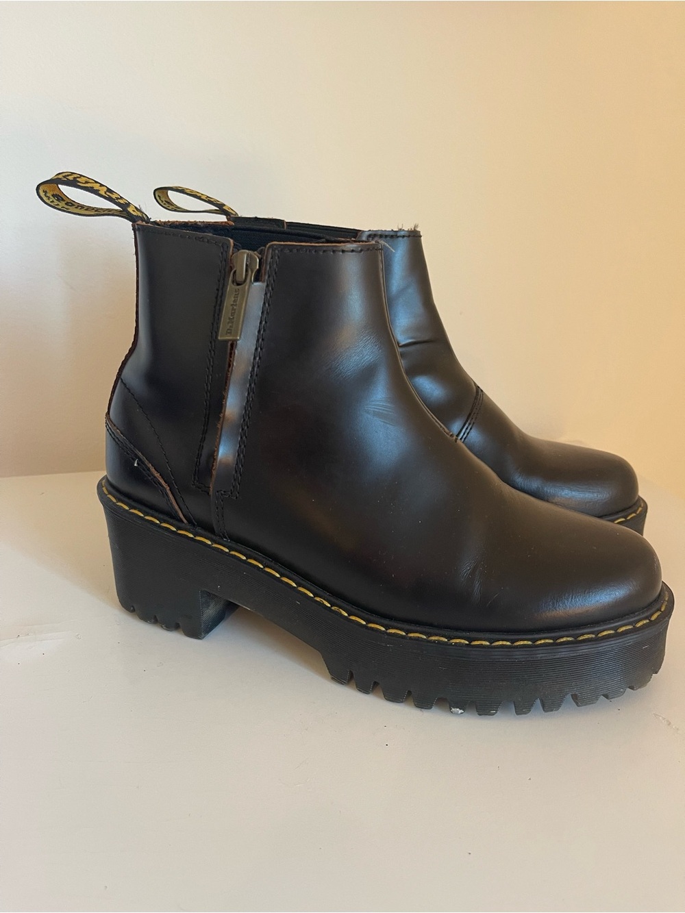 Dr. Martens Black Leather Platform Ankle Boots with Signature Yellow Stitching